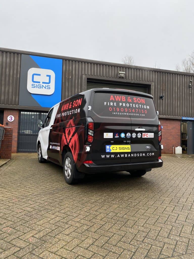 AWB & Son Fire Protection van wrapping with black and red branding