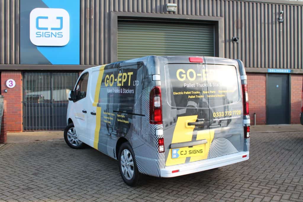 GO-EPT van wrapping with grey, white and yellow branding