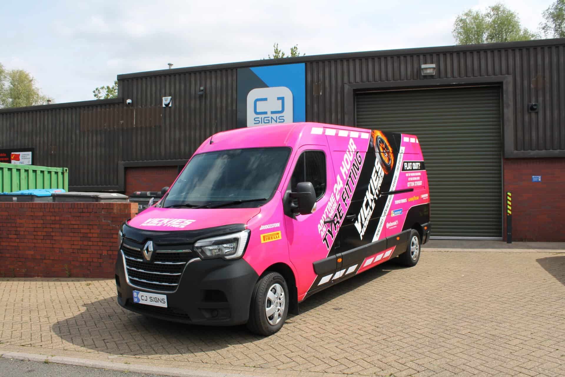 Pink and black tyre company van wrapping completed by CJ Signs in Sheffield