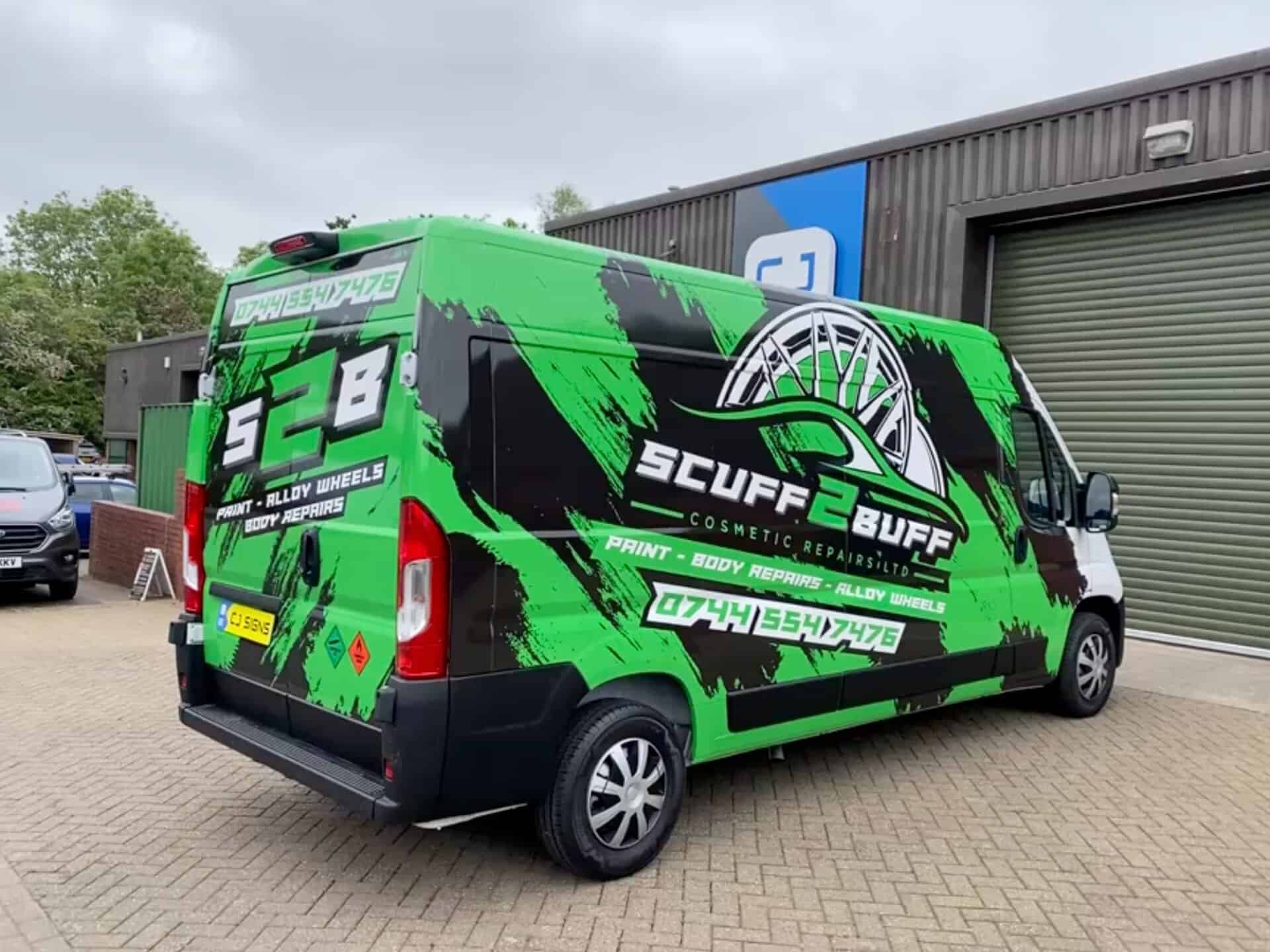 Scuff2Buff van wrapping with bright green and black branding